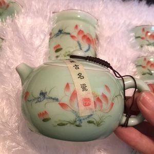 Vintage Hand-Painted Celadon Teapot Set With A Lotus Pattern. New With Box NWOT
